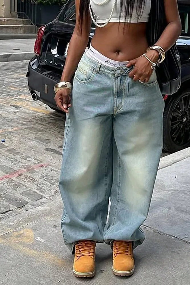High-Rise Relaxed-Fit Jeans with Washed Finish