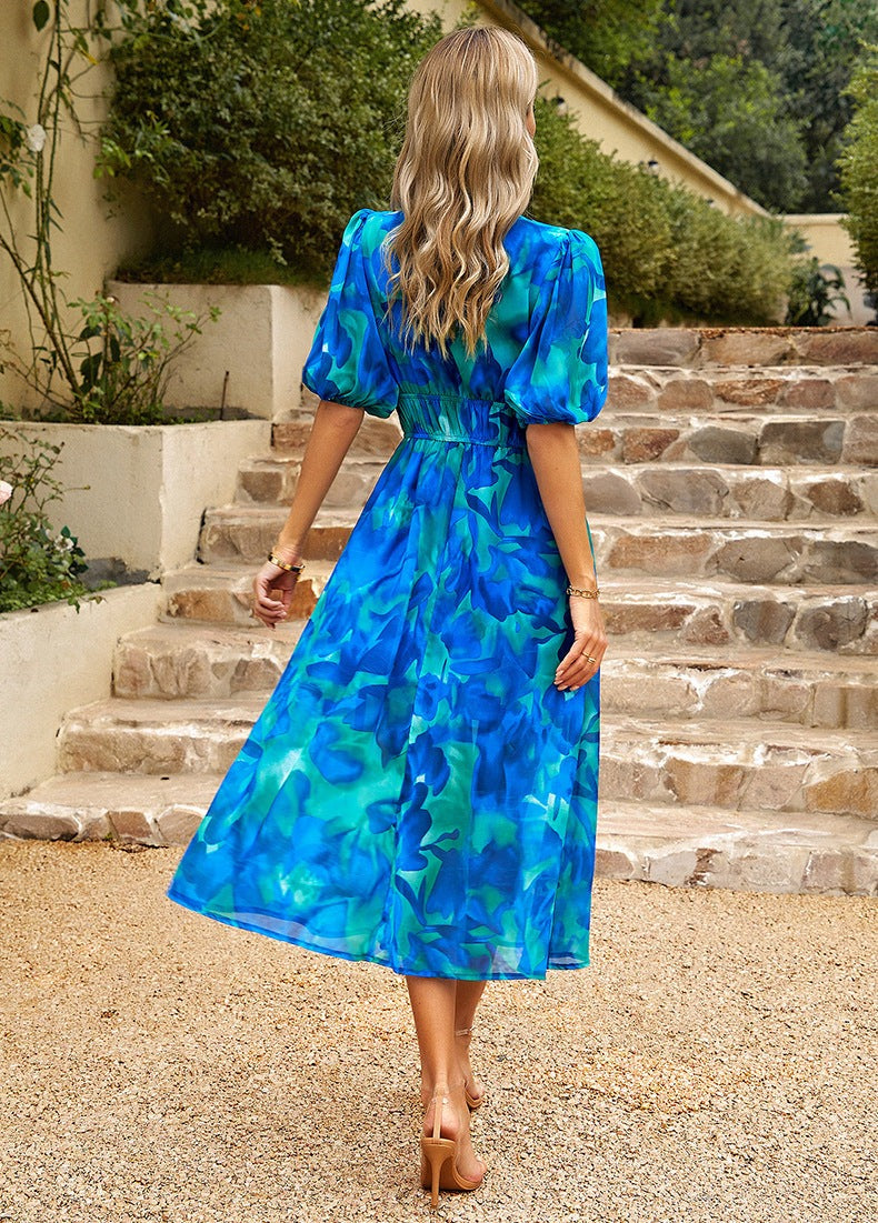 Printed V-Neck Twist-Detail Midi Dress