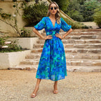 Printed V-Neck Twist-Detail Midi Dress