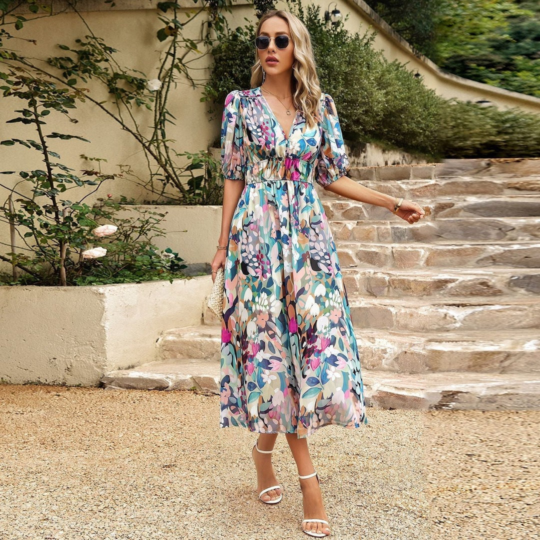 Printed V-Neck Twist-Detail Midi Dress