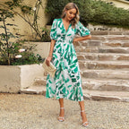 Printed V-Neck Twist-Detail Midi Dress