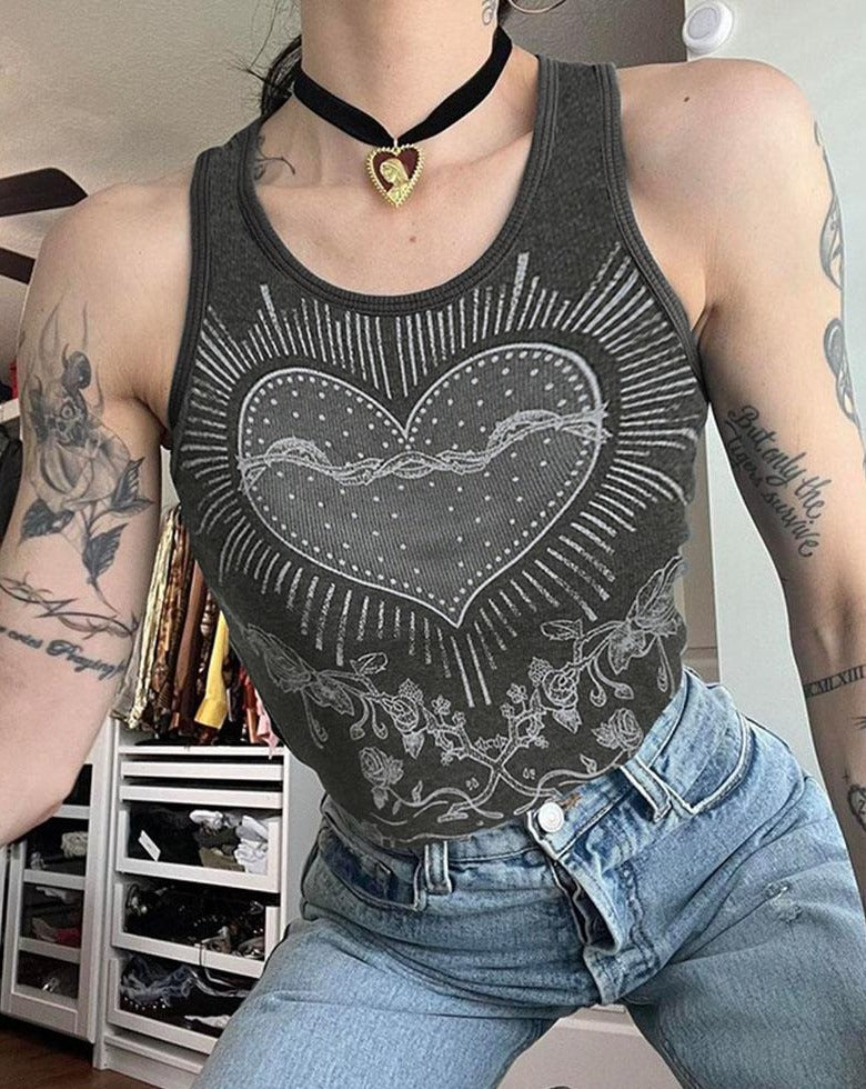 Grunge Heart-Detail Cotton Tank Top