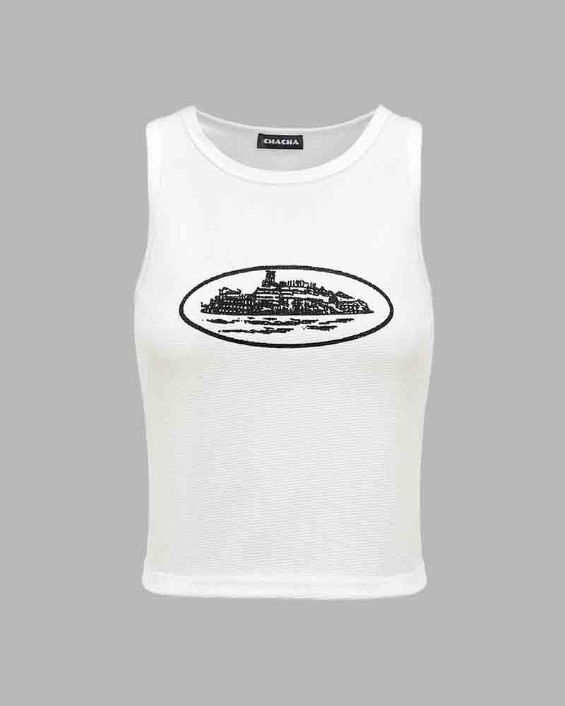 Cami Printed Stretch-Blend Cropped Tank Top with Polyester Fabric