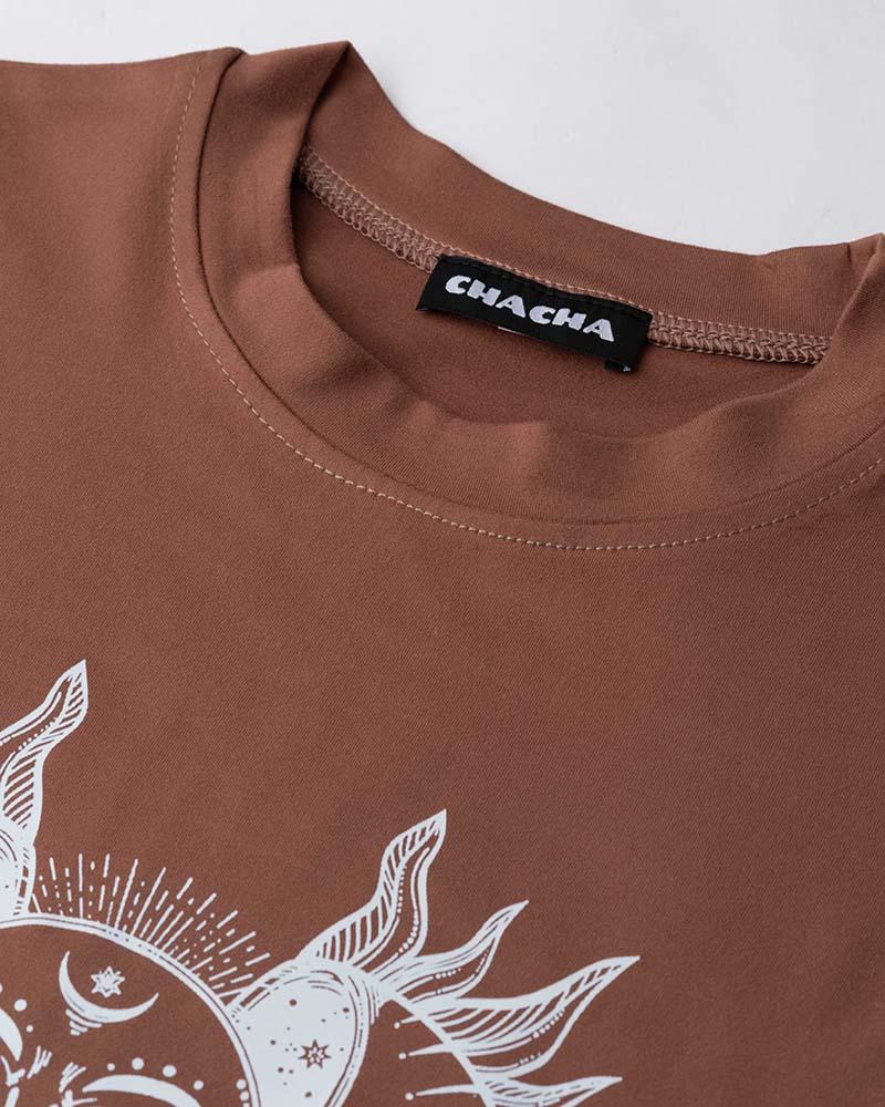 Brown Polyester Stretch-Blend Cropped T-Shirt with Short Sleeves