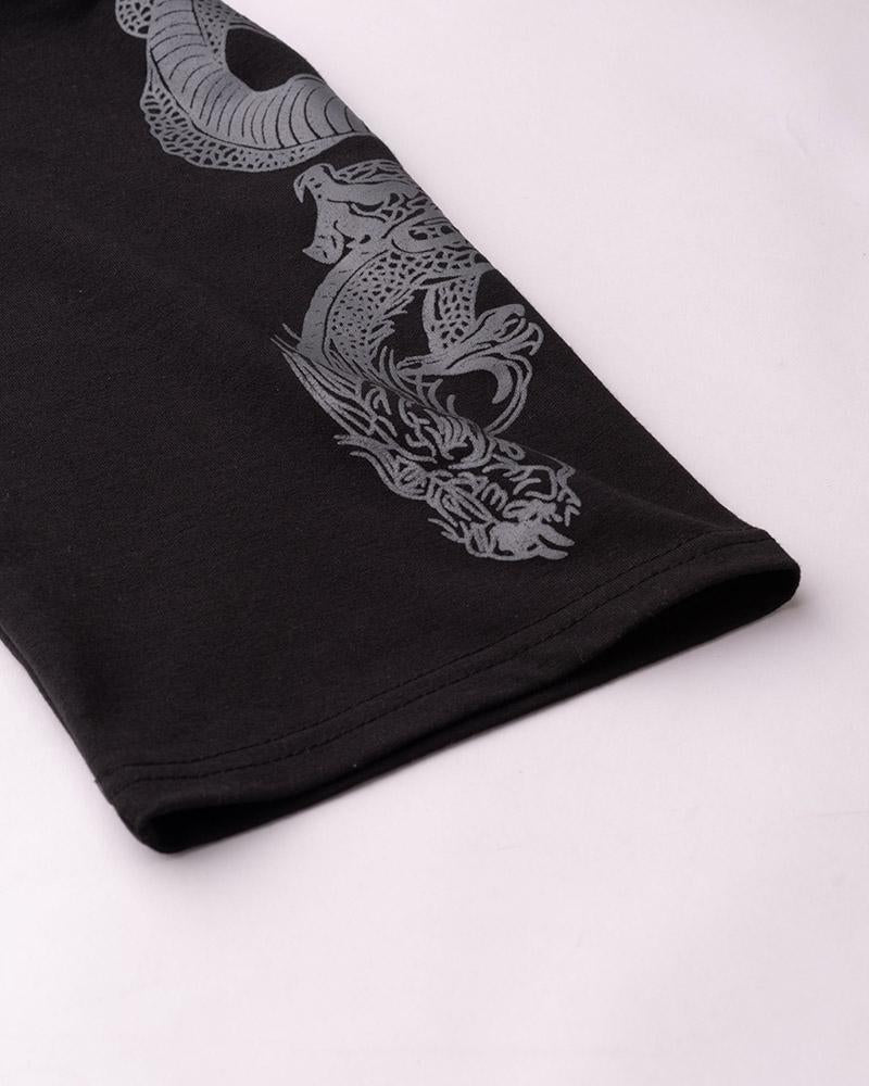 Dragon-Motif Stretch-Blend Cropped Top with Polyester Fabric