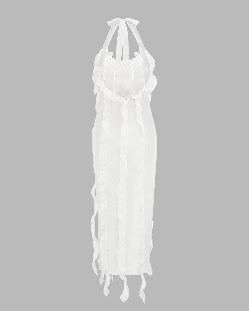 Ruffled Stretch-Blend Maxi Dress with Polyester Fabric