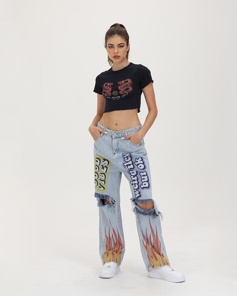 Dragon-Motif Stretch-Blend Cotton Cropped T-Shirt