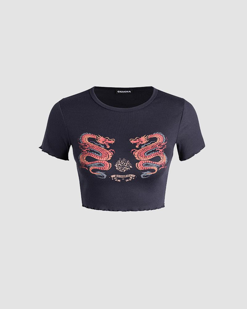 Dragon-Motif Stretch-Blend Cotton Cropped T-Shirt
