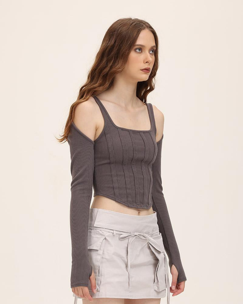 Gray Stretch-Blend Polyester Corset-Style Cropped Top