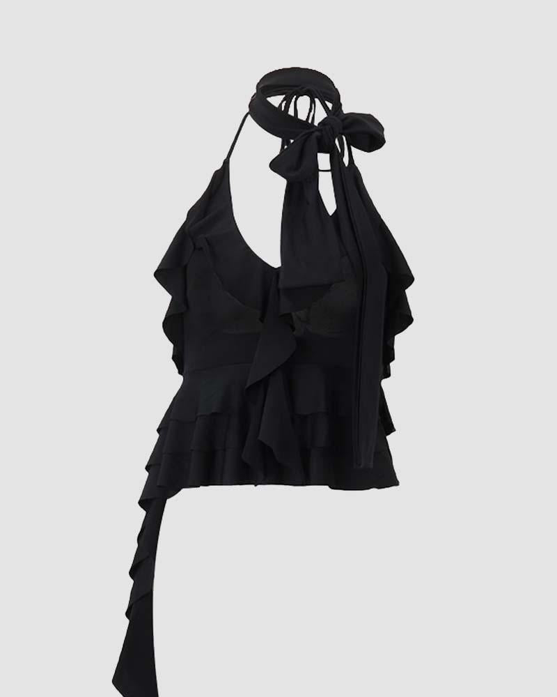 Ruffled Stretch-Blend Cropped Top with Polyester Fabric