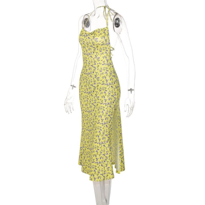 Floral Cowl-Neck Midi Dress with Halter Neckline