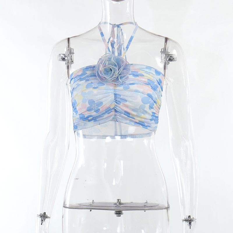 Floral Mesh Contrast-Detail Cropped Top