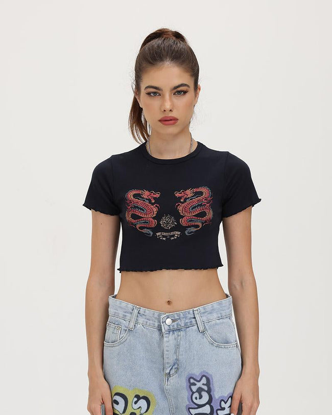 Dragon-Motif Stretch-Blend Cotton Cropped T-Shirt Main image