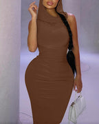 Hooded Stretch-Blend Maxi Dress with Polyester Fabric