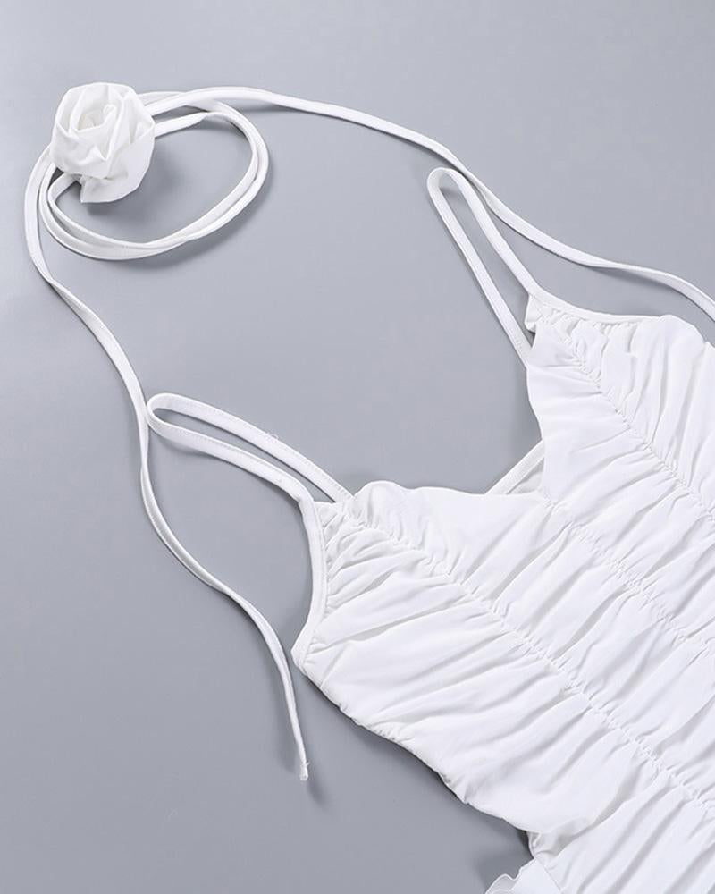 Rose-Detail Polyester Dress with Cami Straps