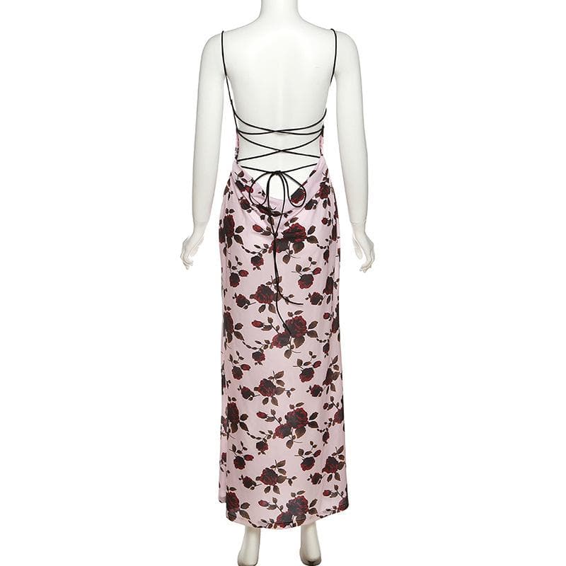 Floral Open-Back Midi Dress with Contrast Details