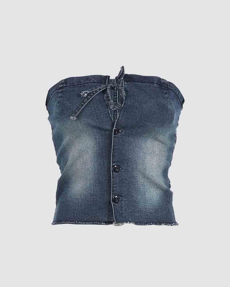 Denim Bustier Top with Corset Details