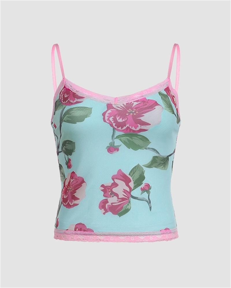 Floral Lace Cami Top with Mesh Detailing