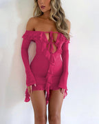 Blossom-Detail Mini Dress with Off-Shoulder Neckline
