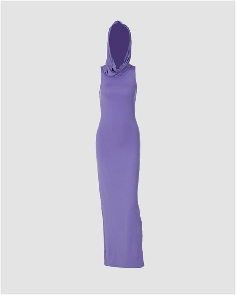 Hooded Stretch-Blend Maxi Dress with Polyester Fabric
