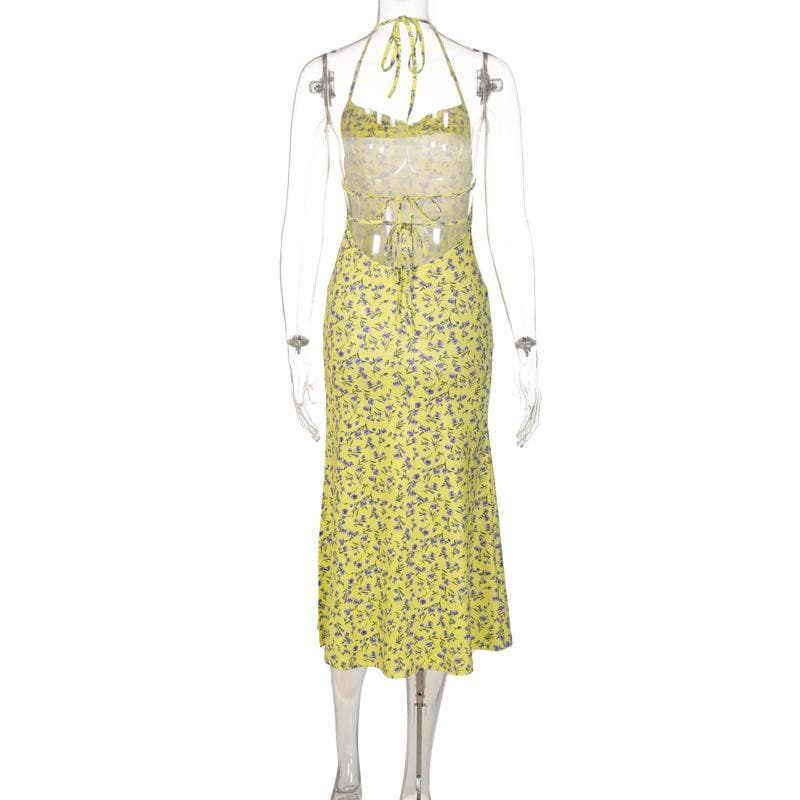Floral Cowl-Neck Midi Dress with Halter Neckline