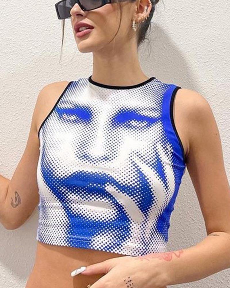Printed Stretch-Blend Cropped Tank Top with Polyester Fabric