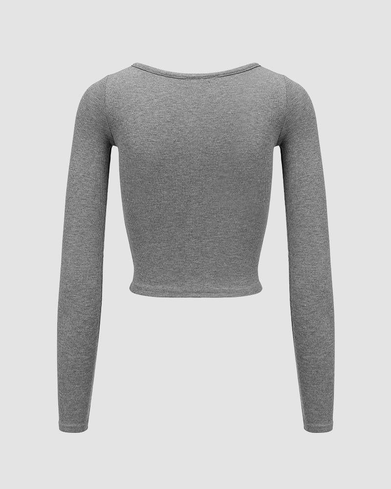 Button-Detail Stretch-Blend Cropped Top with Polyester Fabric