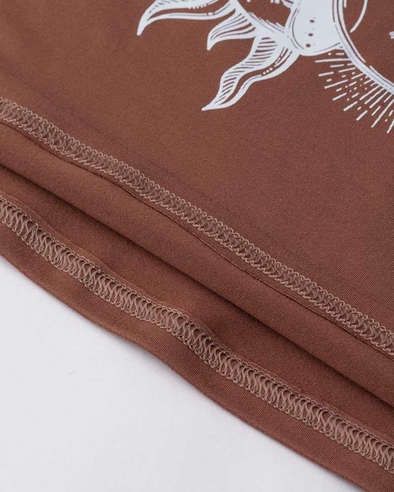 Brown Polyester Stretch-Blend Cropped T-Shirt with Short Sleeves