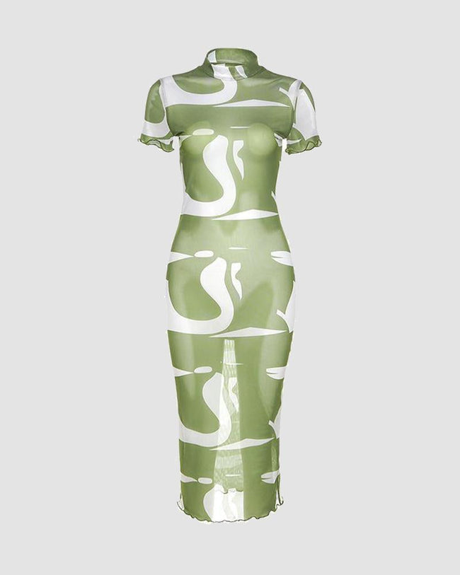 Camo-Print Polyester Dress with Mesh Detailing Main image