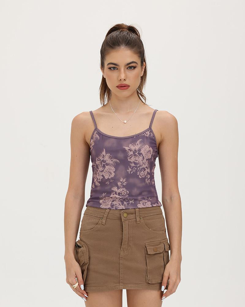 Lace Polyester Cami Top with Floral Details