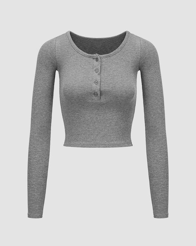 Button-Detail Stretch-Blend Cropped Top with Polyester Fabric Main image
