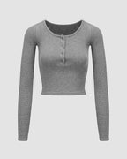 Button-Detail Stretch-Blend Cropped Top with Polyester Fabric
