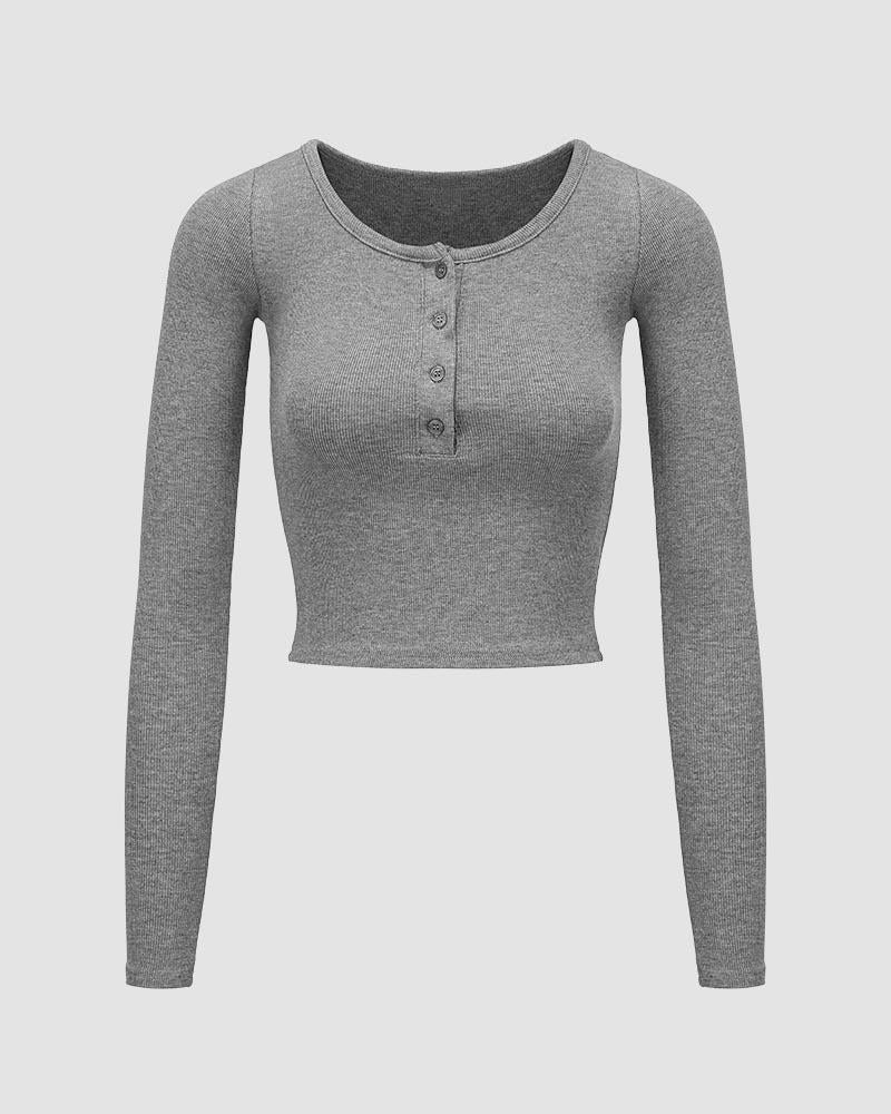 Button-Detail Stretch-Blend Cropped Top with Polyester Fabric