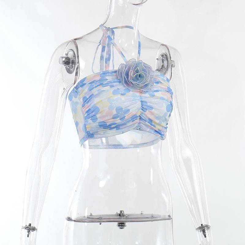 Floral Mesh Contrast-Detail Cropped Top