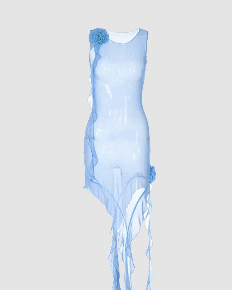 Mesh Polyester Dress with Floral Details