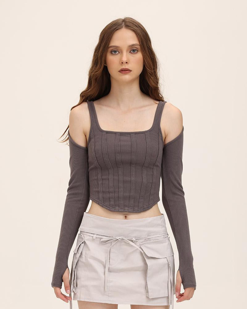 Gray Stretch-Blend Polyester Corset-Style Cropped Top