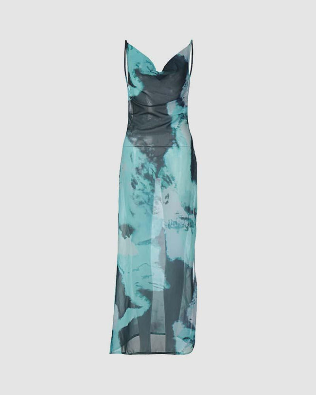 Slit-Detail Polyester Dress with Mesh Detailing Main image