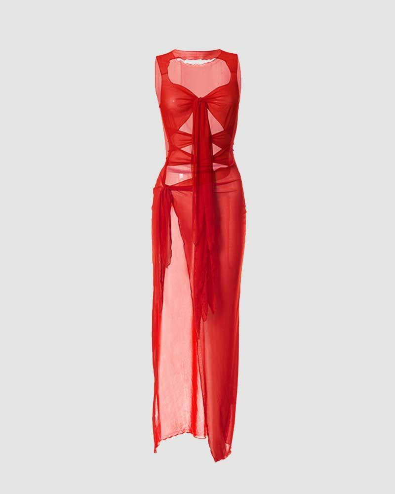 Cutout Polyester Dress with Mesh Detailing