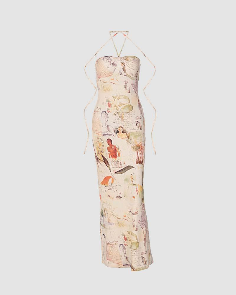 Stretch-Blend Polyester Halter Maxi Dress