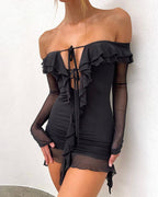 Blossom-Detail Mini Dress with Off-Shoulder Neckline