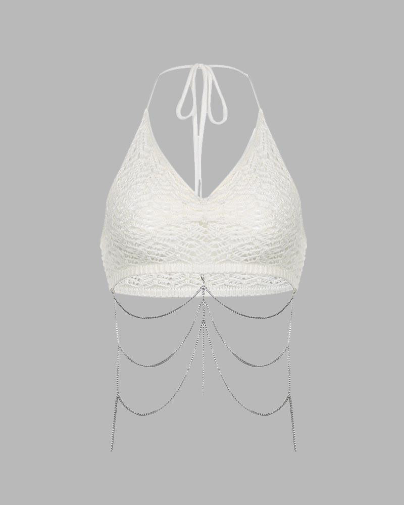 Pentagram-Detail Knit Top with Chain Details