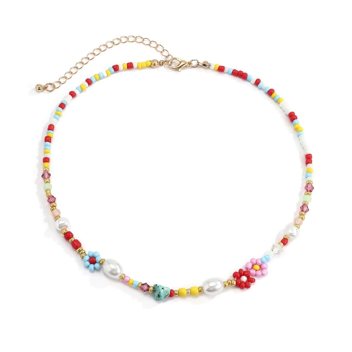 Multicolor Beaded Choker with Faux-Pearl Floral Details