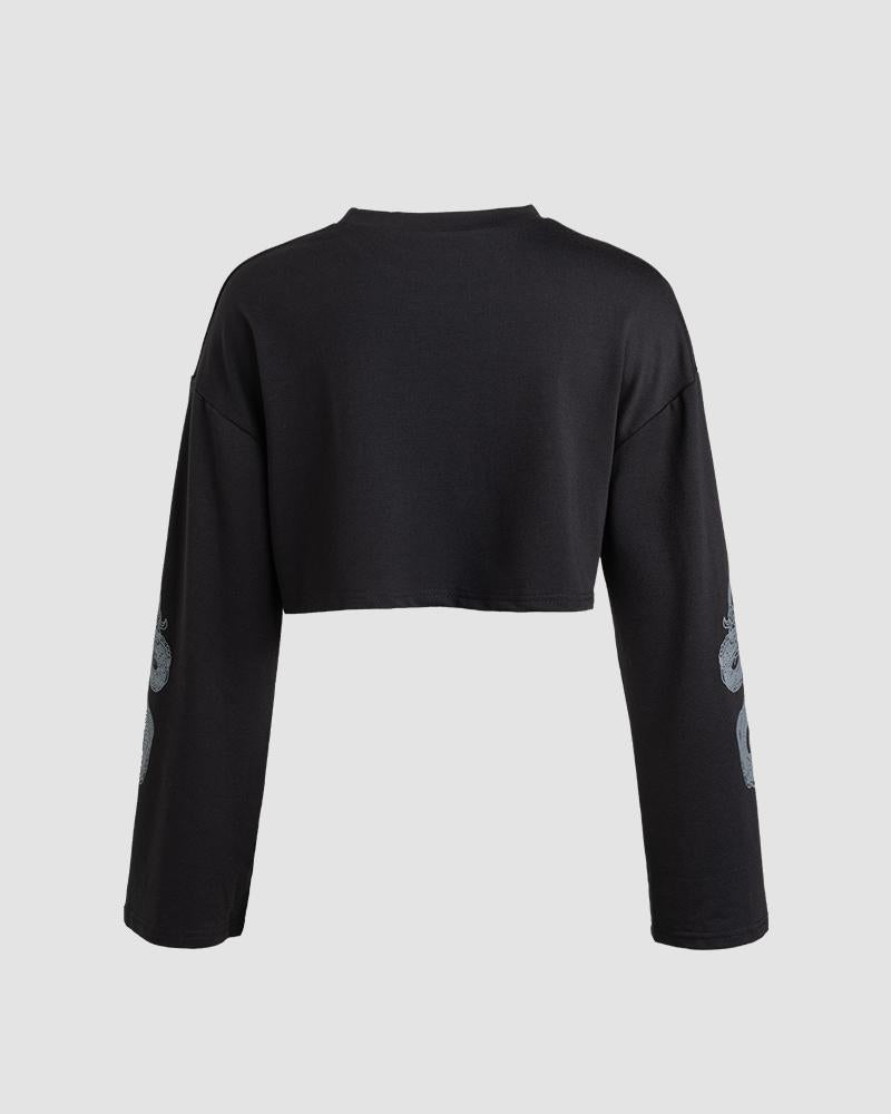 Dragon-Motif Stretch-Blend Cropped Top with Polyester Fabric