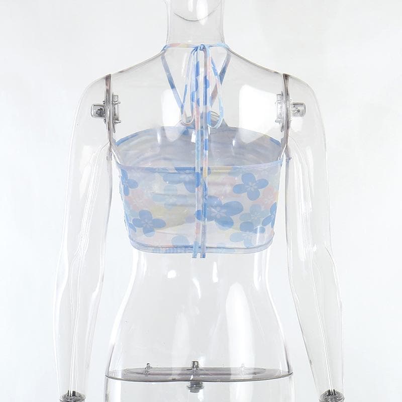 Floral Mesh Contrast-Detail Cropped Top