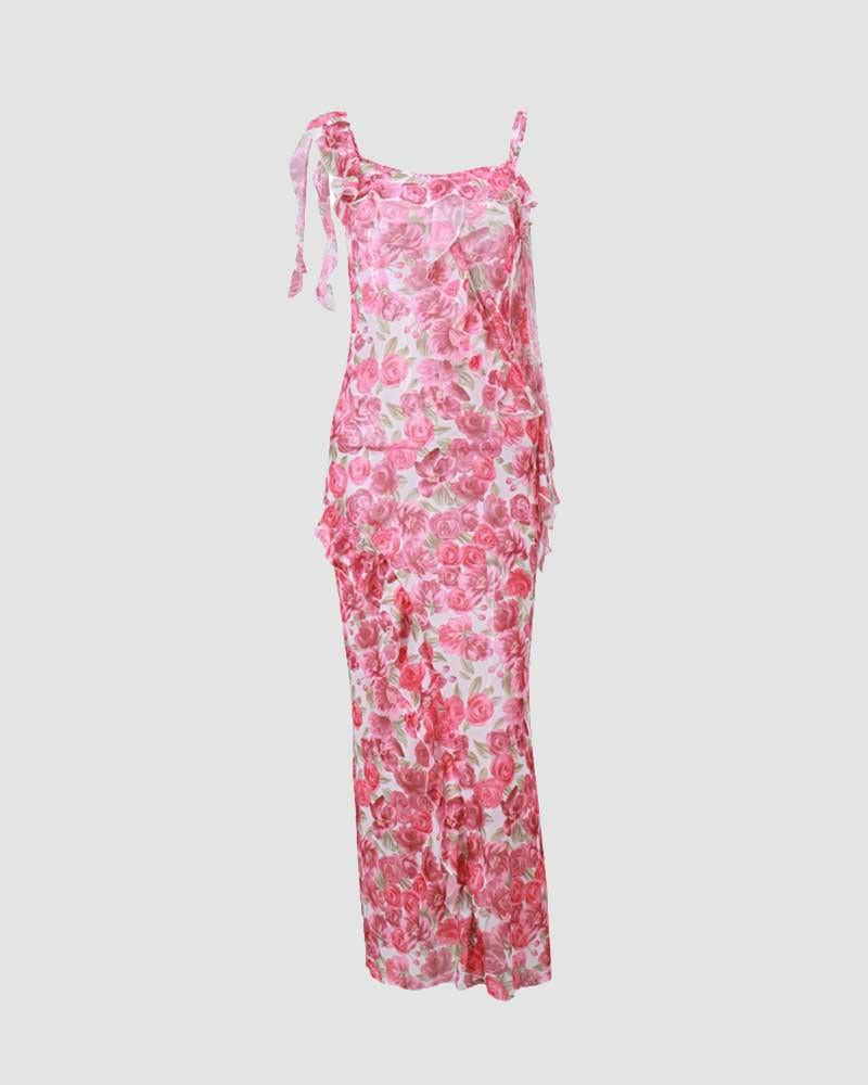 Floral Stretch-Blend Maxi Dress with Polyester Fabric
