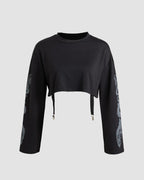 Dragon-Motif Stretch-Blend Cropped Top with Polyester Fabric