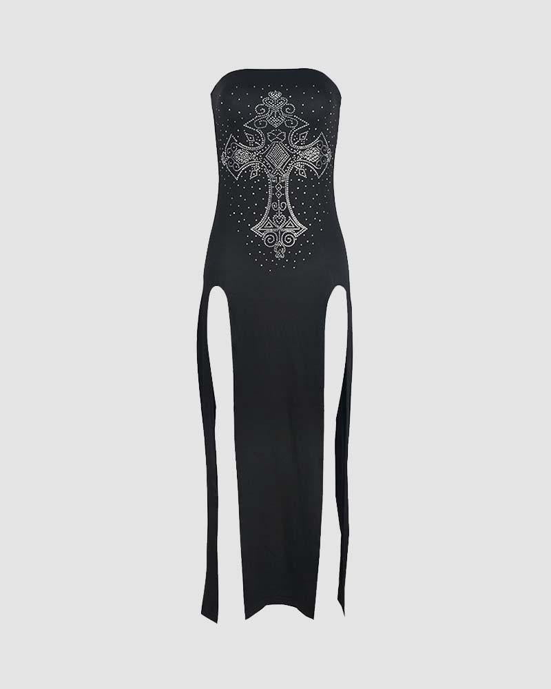 Cross-Detail Polyester Strapless Dress