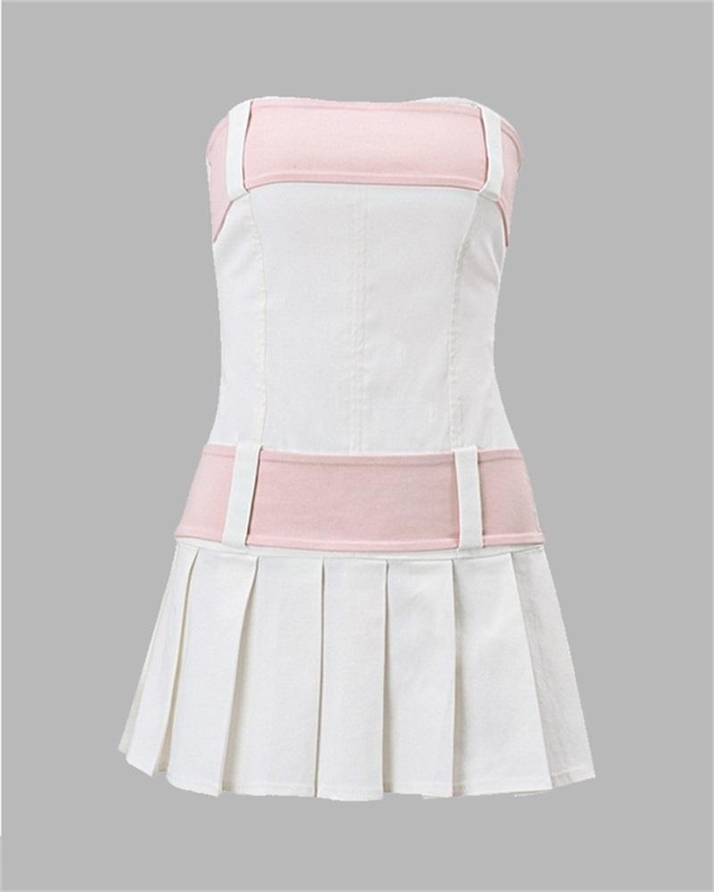 Pleated Polyester Dress with Strapless Neckline