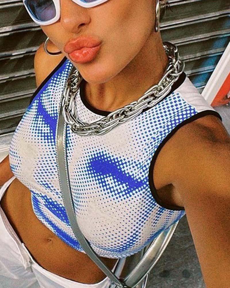 Printed Stretch-Blend Cropped Tank Top with Polyester Fabric
