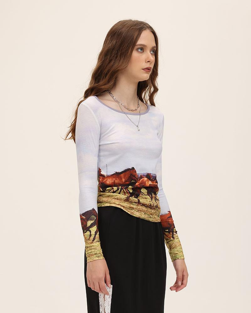 Printed Polyester Top with Long Sleeves